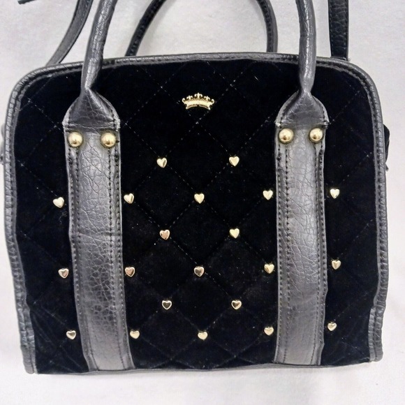 Juicy Couture Purse BLACK VELVET Quilted Leather TRIM Square Bag GOLD HEARTS - Picture 8 of 16